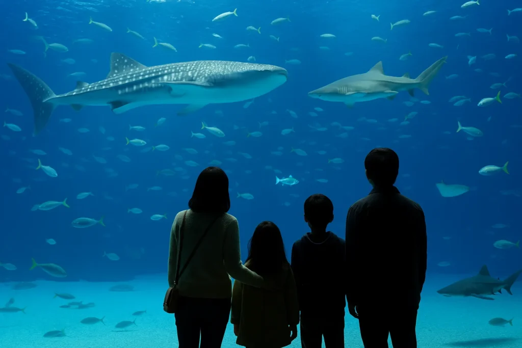 大洗水族館|ジンベエザメが泳ぐ巨大水槽と家族の感動シーン - 茨城・大洗ひたちなかエリアのグランピング施設 Water front Villa OASIS大洗 大洗水族館の巨大水槽を見つめる家族の後ろ姿。ジンベエザメや多彩な魚が泳ぐ幻想的な海の世界。